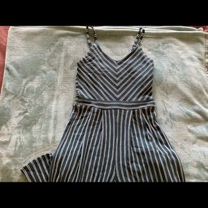 Blue and white striped long romper